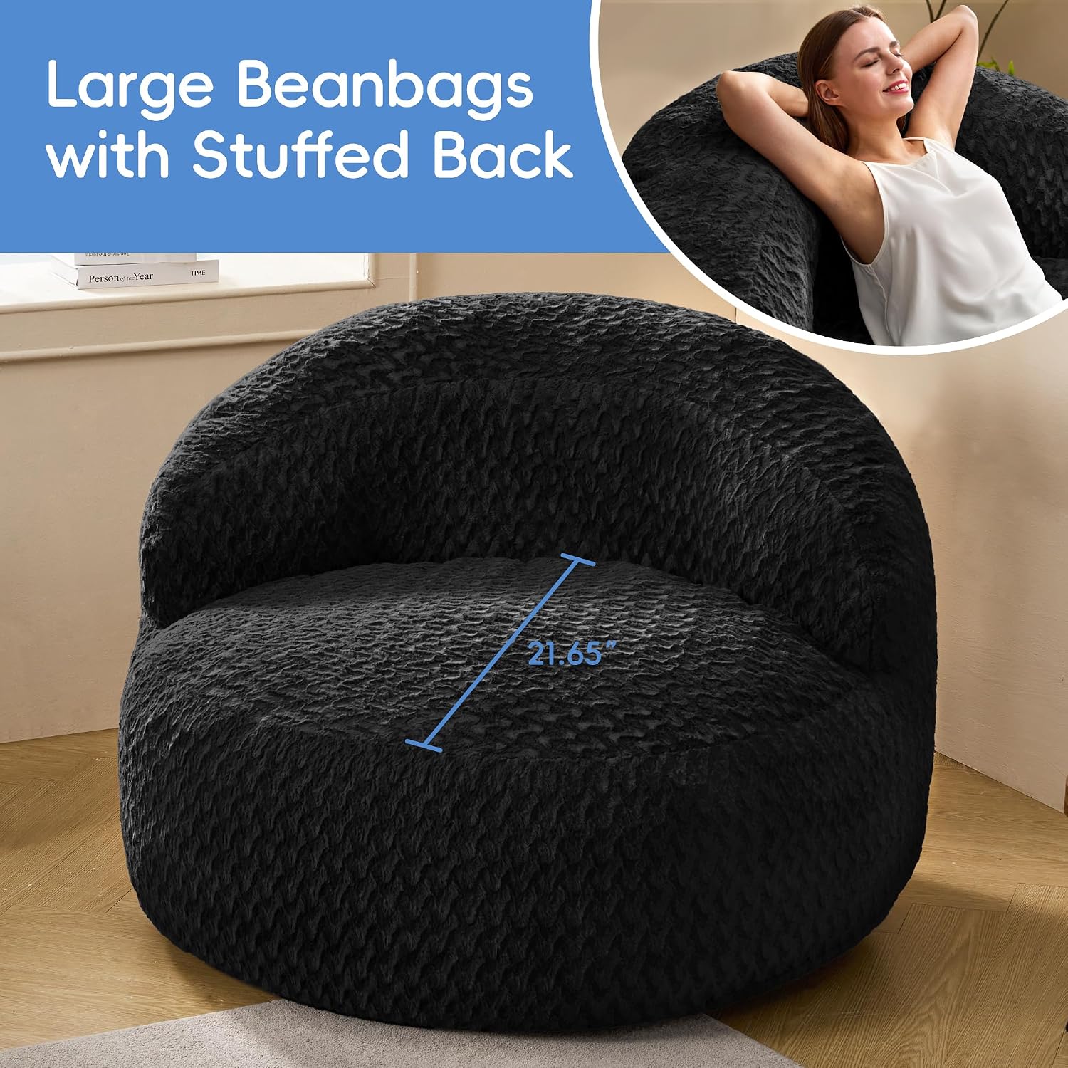 Hobestluk Giant Memory Foam Bean Bag, No-Assembly, Chevron Black Large | High Density Memory Foam, Washable & Removeable Cover, Durable Zipper, Skin Friendly Fabric, Soft Faux Fur, No Assembly