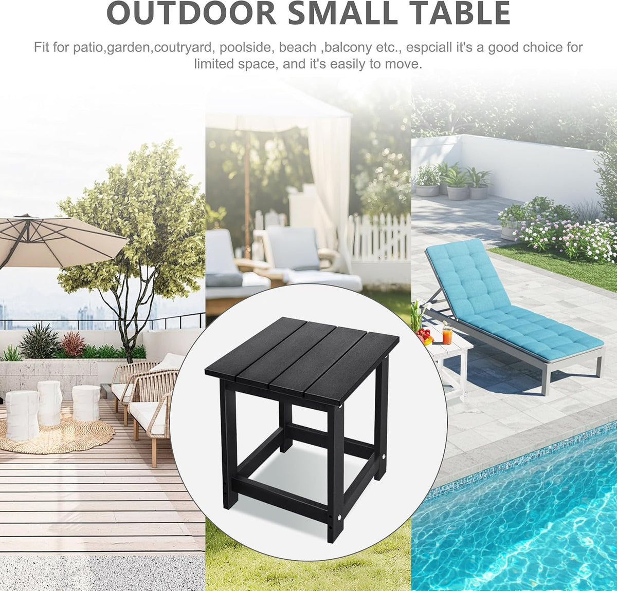 LZRS Patio Side Table, Heavy Duty HDPE Outdoor End Table with Wood Texture, Weatherproof Composite Table for Adirondack Chairs, Deck, Pool, Indoor/Outdoor, No Peeling or Cracking(Black)