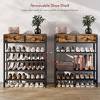 IBUYKE 5 Tier Shoe Rack, Metal Shoe Storage Organizer with 2 Drawers, Shoe Storage Rack for 12-16 Pairs of Shoes, Modern Shoe Stand with Fabric Shelf for Entryway Closet Bedroom, Rustic Brown TXJ040H