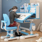 Kids Study Desk Chair Set for 3-18 Years Old, Height Adjustable Children School Study Table Chair Set with Sitting Corrector, Ergonomic Desk Chair with Book Stand, Foot Pedal Blue