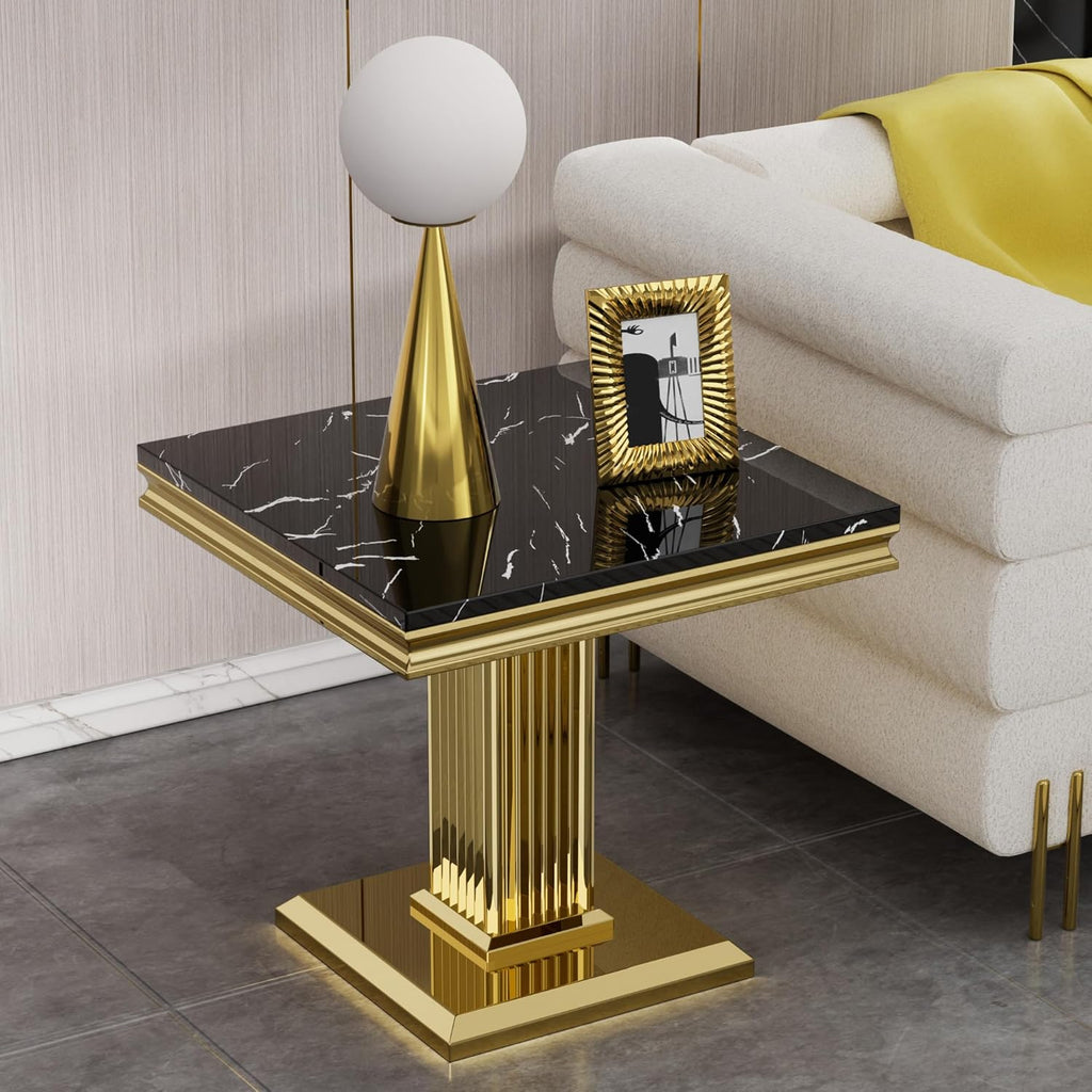 SSLine Square Faux Marble End Table for Living Room Mid-Century Black Marble Side Table with Mirrored Gold Column Frame Luxury End Table with Stainless Steel Pedestal Base