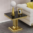 SSLine Square Faux Marble End Table for Living Room Mid-Century Black Marble Side Table with Mirrored Gold Column Frame Luxury End Table with Stainless Steel Pedestal Base