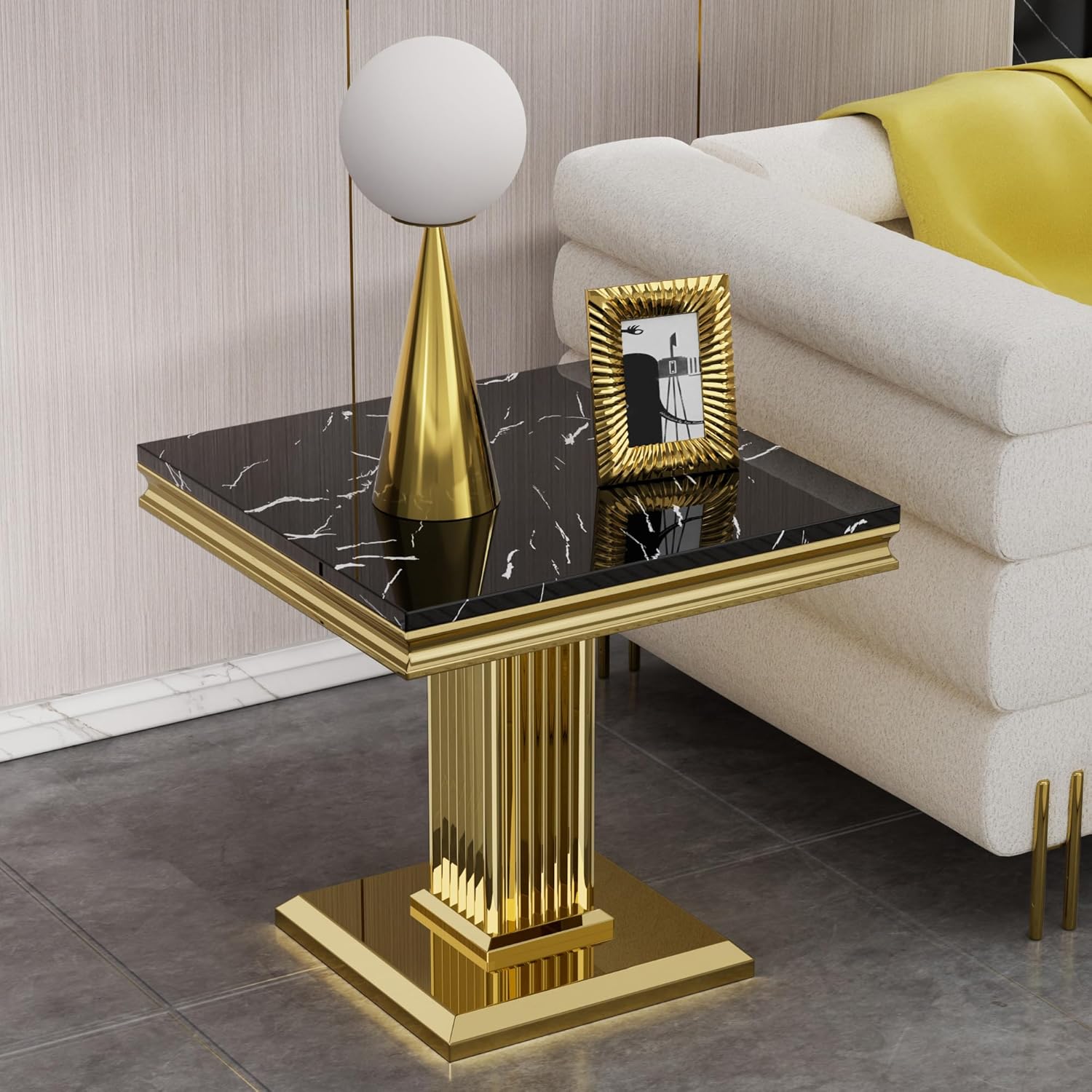 SSLine Square Faux Marble End Table for Living Room Mid-Century Black Marble Side Table with Mirrored Gold Column Frame Luxury End Table with Stainless Steel Pedestal Base