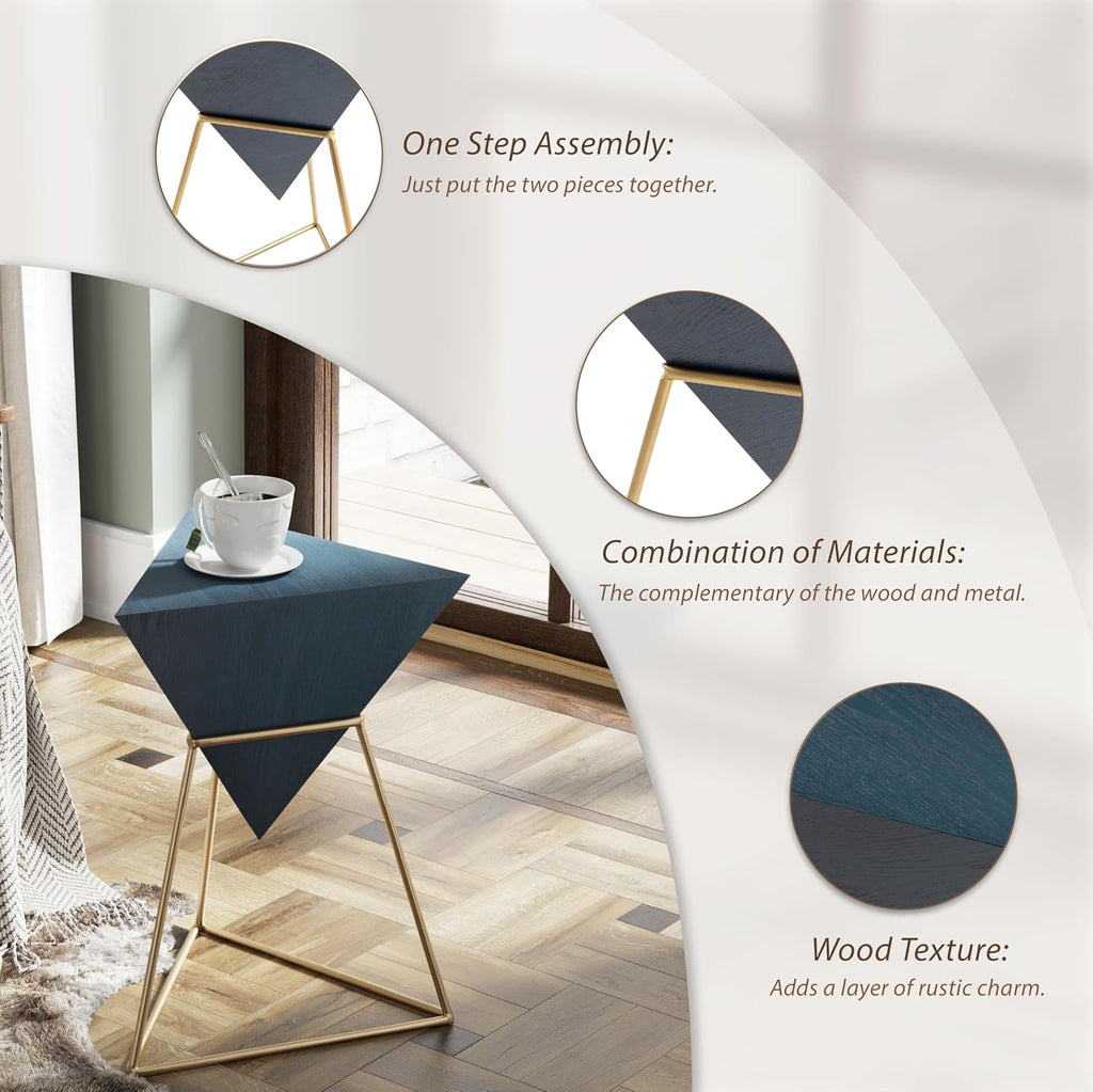 COZAYH Modern Geometric End Table with Wooden Top and Golden Metal Base, Unique Pyramid Side Table Plant Stand for Office, Living Room, Bedroom, Fully Assembled, Triangle, Blue