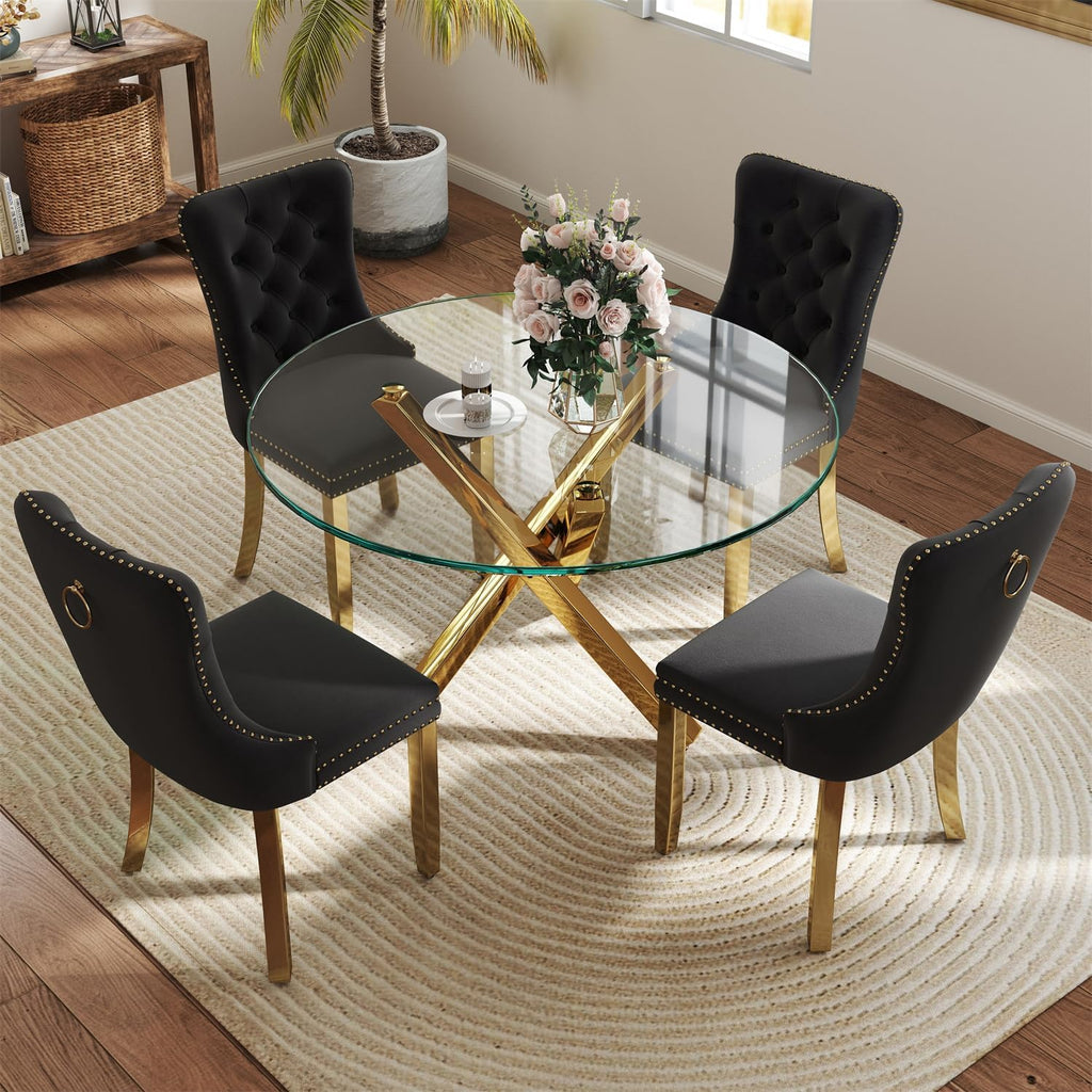 yeag 39'' Modern Round Dining Table Set for 4, Tempered Glass Top & Square Tube Crossed Metal Legs, with 4 Velvet Upholstered Tufted Chairs (Gold & Black)