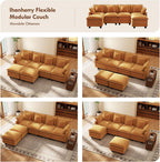 Ihanherry 107" Modular Sectional Cloud Sofa, U Shaped 6 Seat Chenille Couch with Movable Ottoman and 48" Deep Seat, Convertible Couches for Living Room, Orange