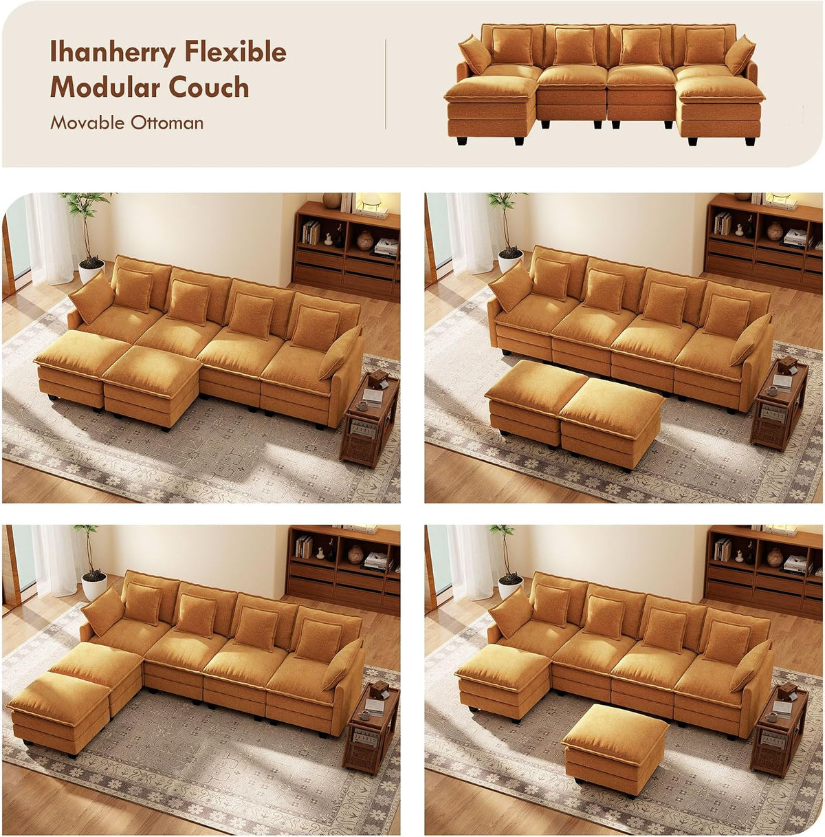 Ihanherry 107" Modular Sectional Cloud Sofa, U Shaped 6 Seat Chenille Couch with Movable Ottoman and 48" Deep Seat, Convertible Couches for Living Room, Orange