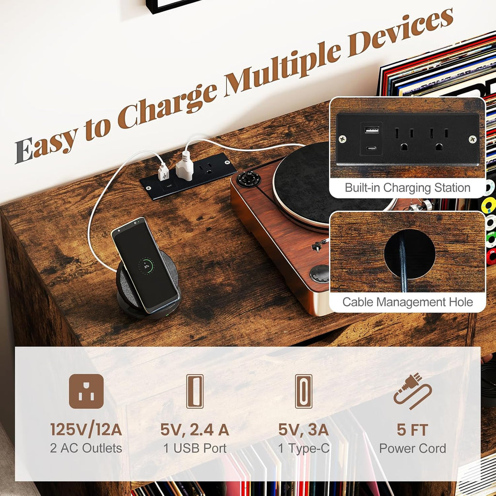 Giantex Large Record Player Stand with Charging Station, Mid Century Turntable Stand Holds Up to 300 Albums, Record Player Table w/Drawer & Display Shelf, Vinyl Record Storage for Living Room, Brown