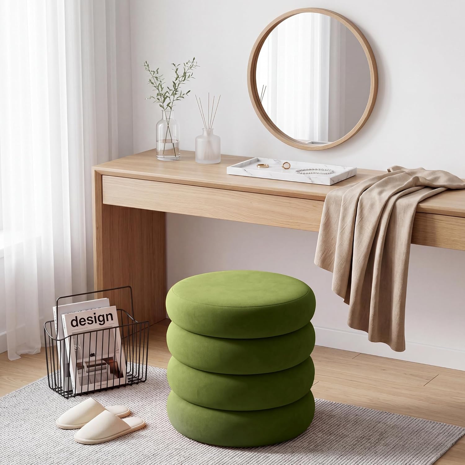 Velvet Storage Ottoman Set of 2, Compact Round Tufted Pair with Removable Lids for Lounge, Dorm and Entryway, Olive Green