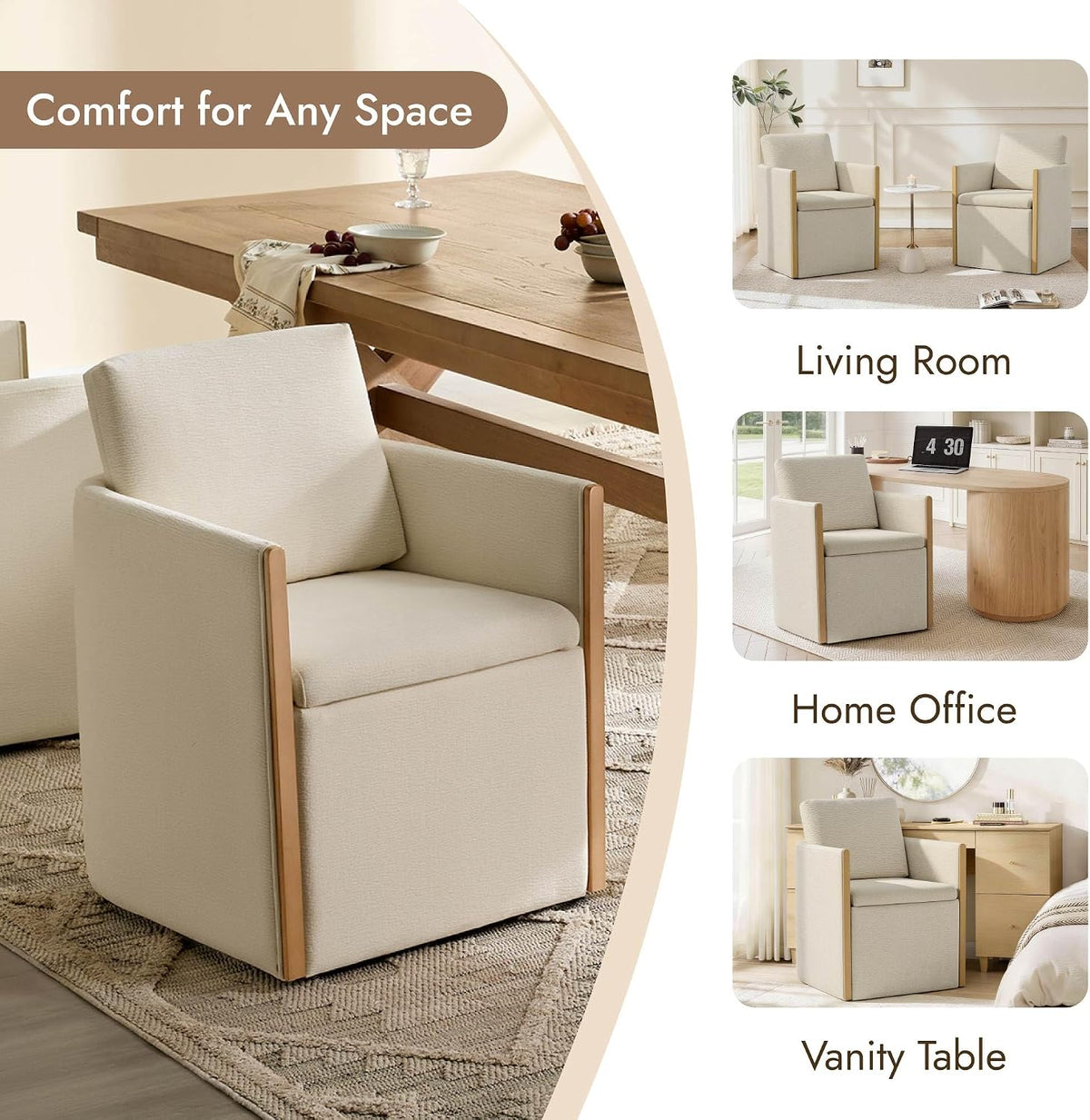 Watson & Whitely Modern Rolling Dining Chair with Casters, Set of 2, Linen | Upholstered Chenille Fabric, Hidden Seat Storage, Wood Arms for Kitchen, Dining Room, Living Room