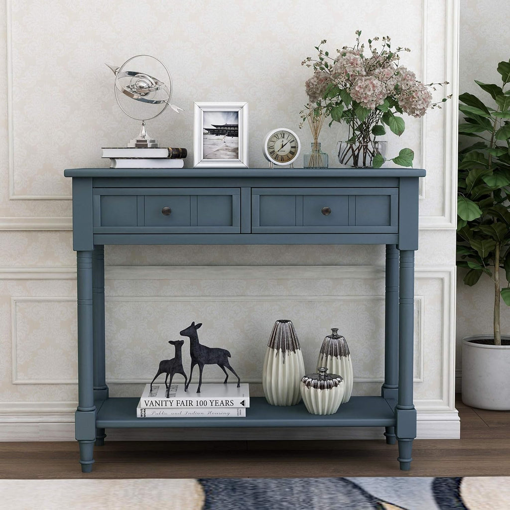 MERITLINE Wood Console Table for Entryway Console Table with Storage Sofa Table Entryway Table with 2 Drawers and Bottom Shelf (Navy)