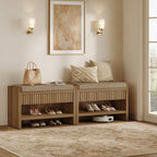 SICOTAS Fluted Shoe Bench with Cushion & Drawer for Entryway, Caramel Oak | Modern Fluted Design, 300 lb Capacity, 19.69"H Ergonomic Seat, Spacious Drawer, Open Shoe Storage, Multi-Room Use