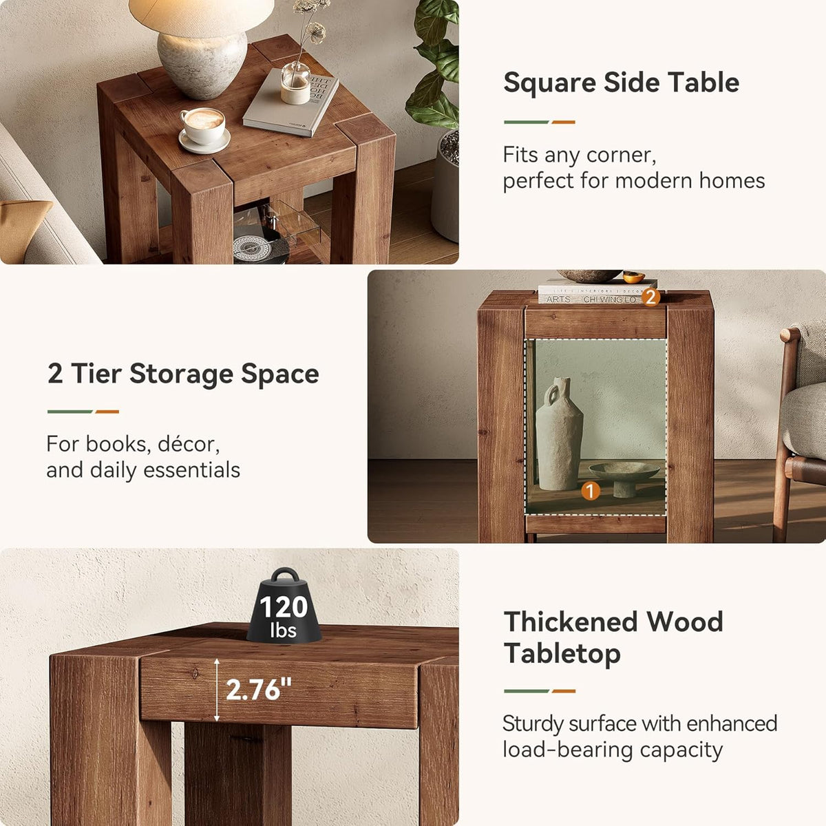 Solid Wood Side Table Set of 2, Farmhouse 2-Tier End Tables with Storage Shelves for Small Spaces, Living Room, Bedroom, Rustic Brown