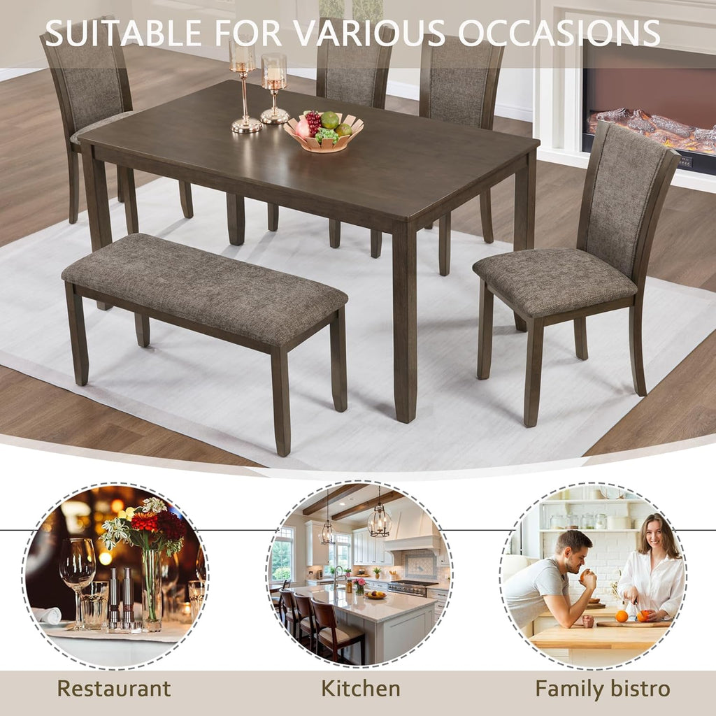 JIJIWANG 6-Piece Dining Table Set with Bench and Chairs, Wooden Dining Table for 6 People, Farmhouse Rustic Style 6 Person Dining Table Set for Dining Room Kitchen Dark Walnut