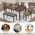JIJIWANG 6-Piece Dining Table Set with Bench and Chairs, Wooden Dining Table for 6 People, Farmhouse Rustic Style 6 Person Dining Table Set for Dining Room Kitchen Dark Walnut