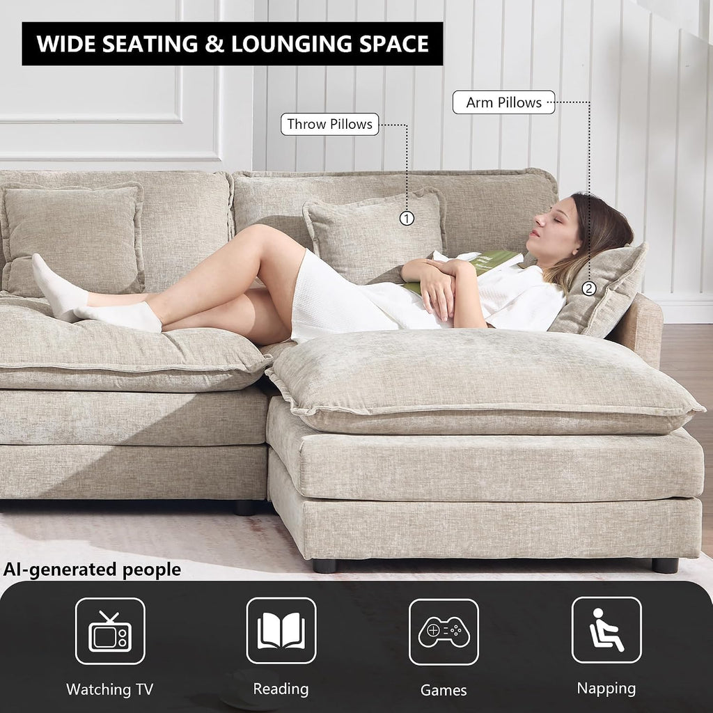 KIVENJAJA 111.5" W L Shaped Modular Cloud Sectional Sofa Couch for Living Room, Comfy Chenille Deep Seat 3 Seater Couch with Ottoman Chaise for Apartment Dorm, Camel