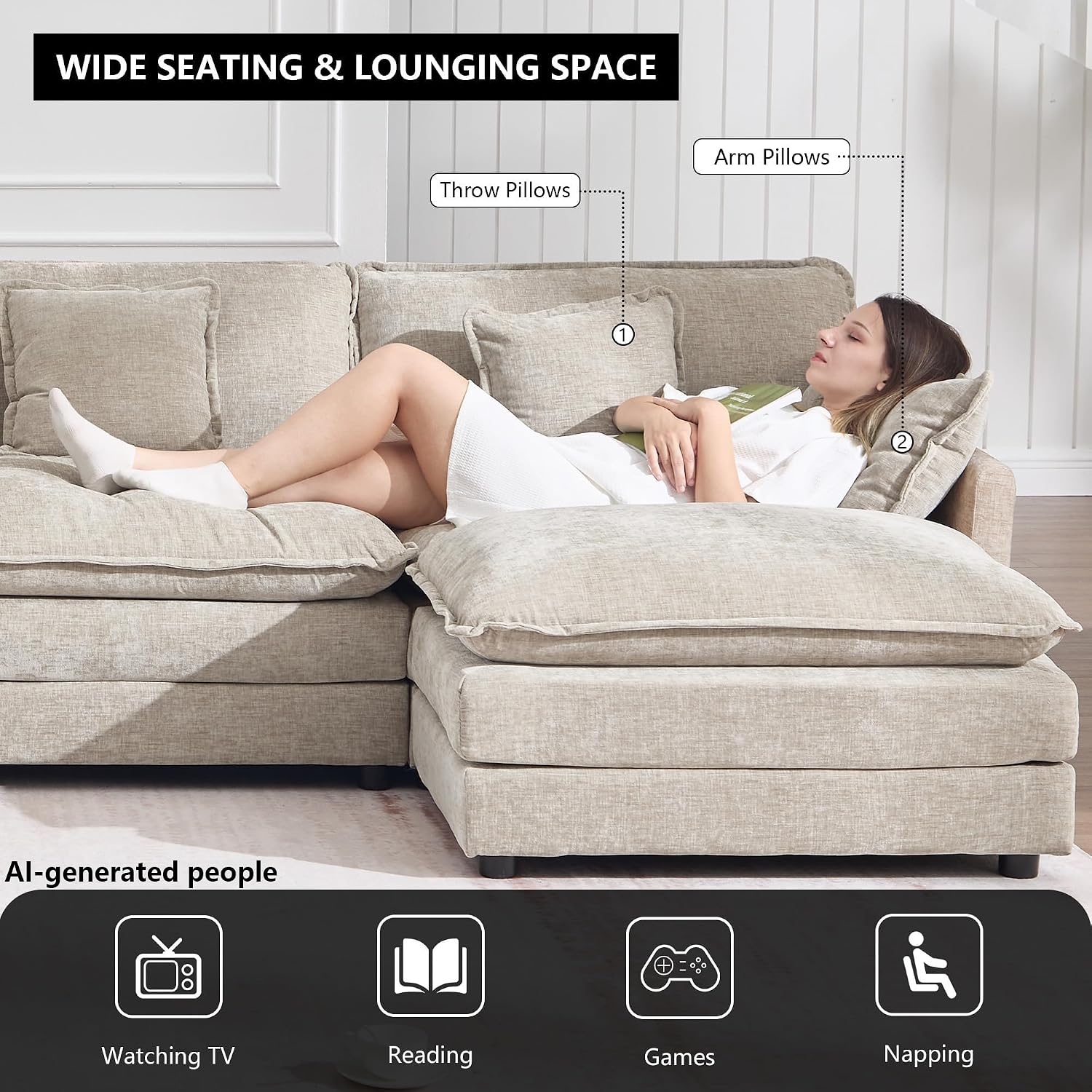 KIVENJAJA 111.5" W L Shaped Modular Cloud Sectional Sofa Couch for Living Room, Comfy Chenille Deep Seat 3 Seater Couch with Ottoman Chaise for Apartment Dorm, Camel