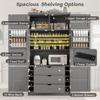Merax Kitchen Pantry Storage Cabinet, Freestanding Buffet Cabinet with Microwave Stand & 2 Power Outlets,Kitchen Hutch with Door Shelves, Adjustable Shelves,Drawers and Wine Rack, Grey