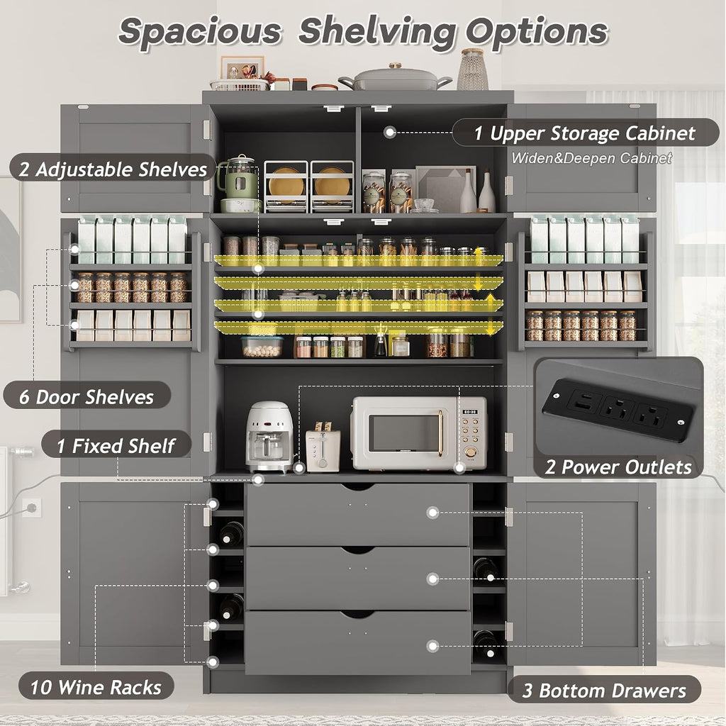 Polibi 80.1" Tall Freestanding Kitchen Pantry Cabinet, Large 41.3" Wide Shaker Style Storage Cupboard with 2 Power Outlets, Adjustable Shelves, 3 Drawers, Wine Rack & Countertop, Grey