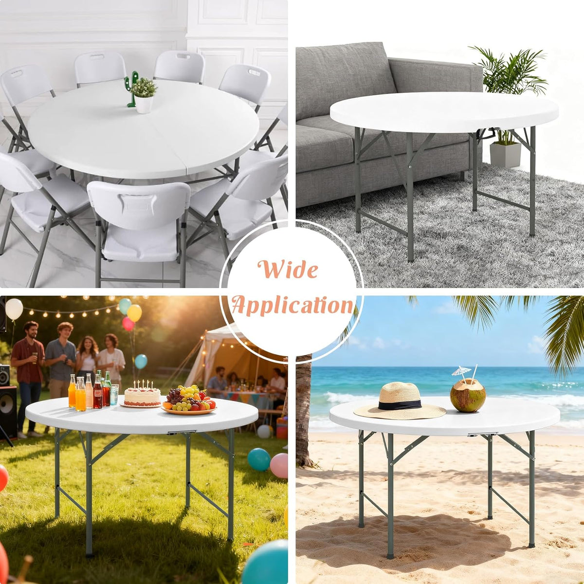 4 FT Round Folding Tables with Carrying Handle Lightweight Portable Plastic Commercial Table Steel Legs for Party, Dining, Wedding, Events, Picnic Indoor, Outdoor (White,1 Pack)