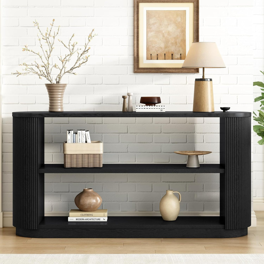 58.9" Modern Console Tables with 3 Tier Open Shelves, Storage Wood Entry Way Table Narrow Long Accent Table for Living Room, Hallway, Entrance, Foyer, with Ash Veneer & Fluted Side, Black