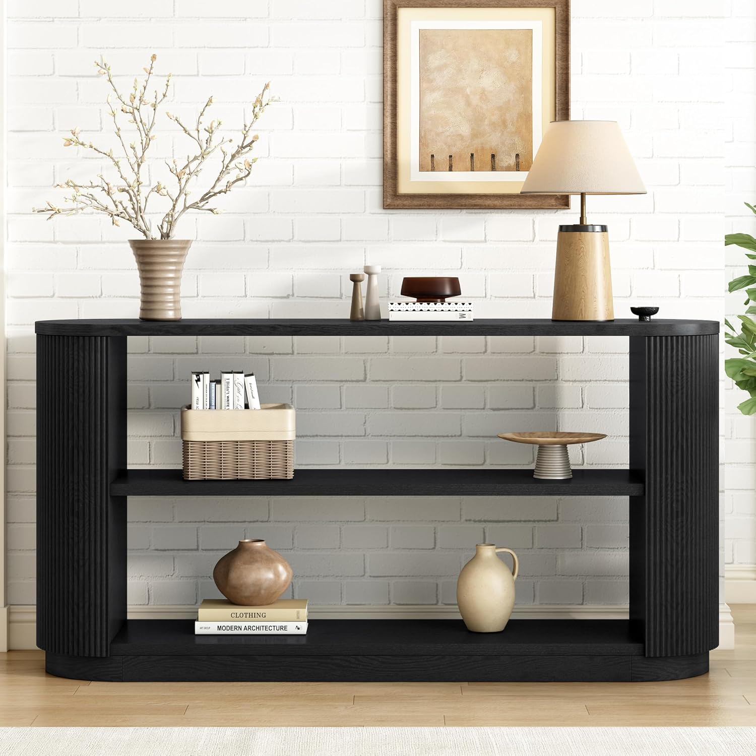 58.9" Modern Console Tables with 3 Tier Open Shelves, Storage Wood Entry Way Table Narrow Long Accent Table for Living Room, Hallway, Entrance, Foyer, with Ash Veneer & Fluted Side, Black