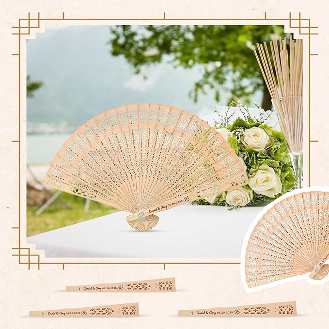 50pcs Personalized Wedding Fans for Guests - Custom Wooden Hand Fans with Names/Dates - Bulk Wedding Favors for Bridal Shower, Baby Shower & Parties (Wood, 50pcs)