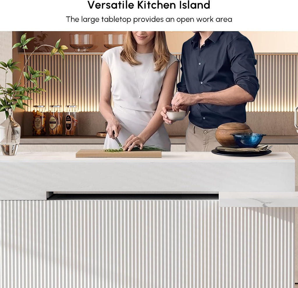 homary Extendable Kitchen Island with Storage 81"-106", White, Wood Top, Stationary Large Kitchen Cabinet with 3 Drawers, Adjustable Shelves & Pull-Out Kitchen Tables for Dining Room