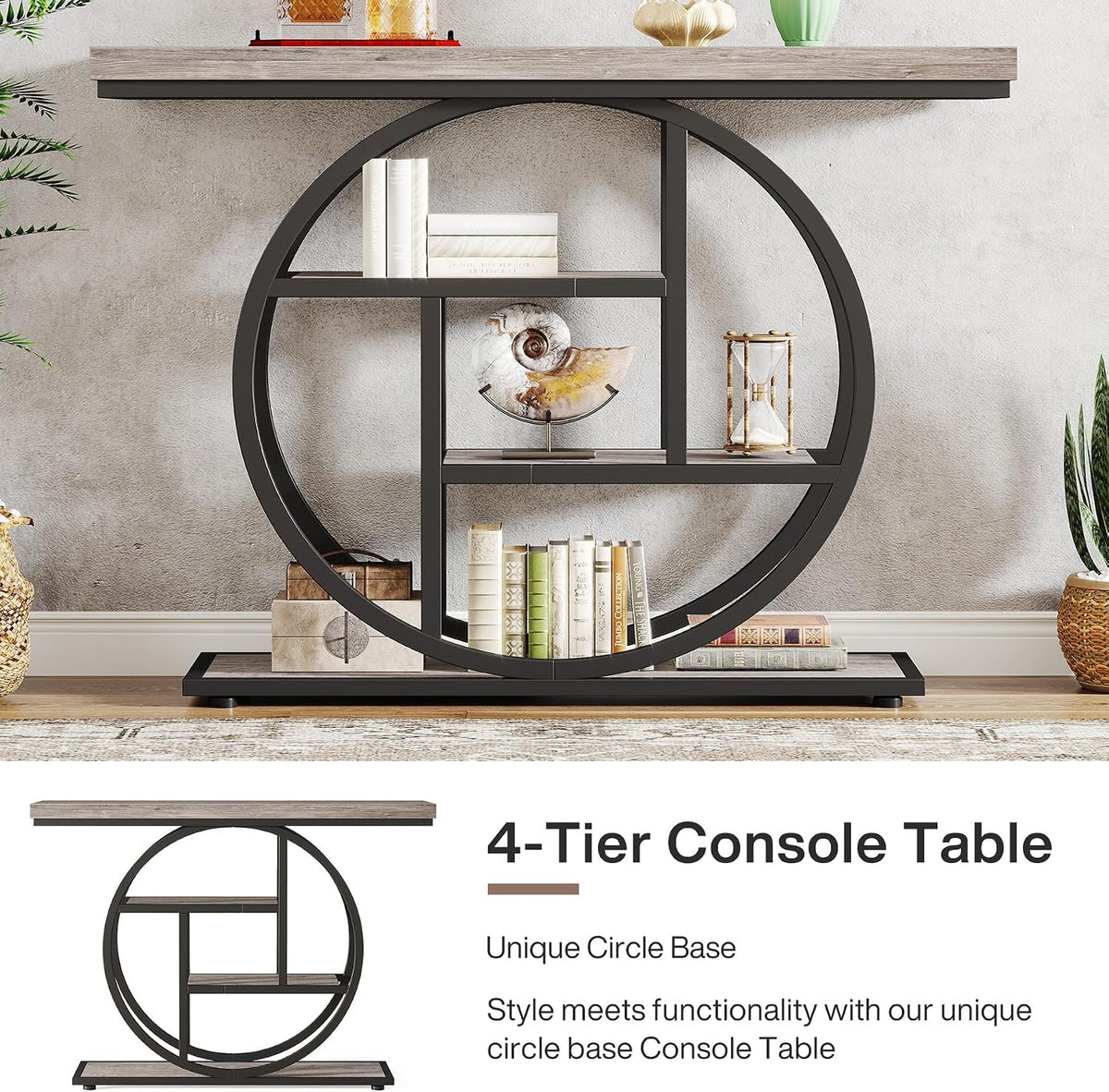 Tribesigns 41.3" Console Table, Industrial 4-Tier Sofa Table Entryway Table with Circle Base, Narrow Wood Accent Tables with Storage Shelves for Living Room, Hallway, Foyer, Gray | Industrial