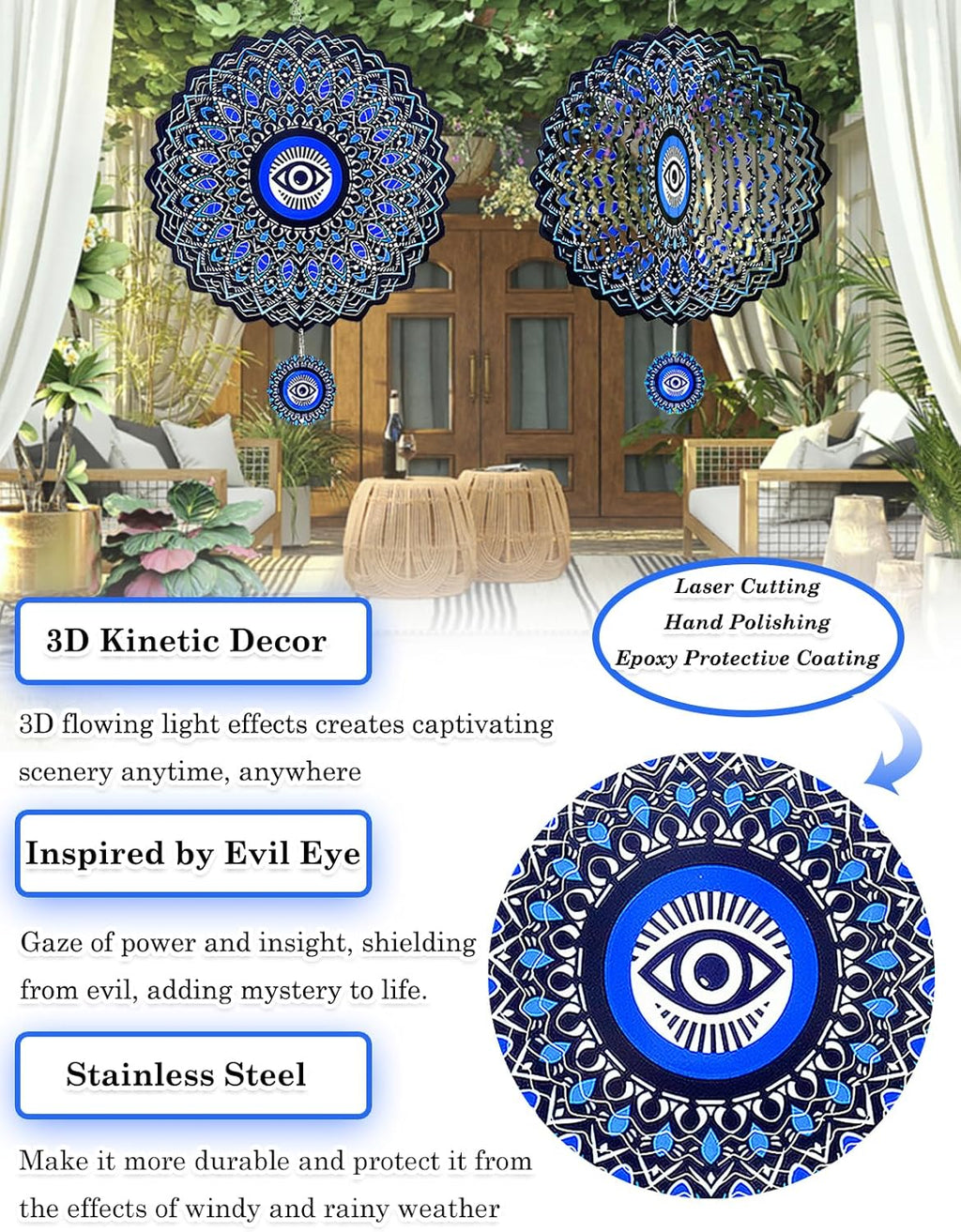 Evil Eye Wind Spinner-3D Metal Hanging Wind Spinners, Perfect Ornament Gifts for Women/Men, 12 Inch Spinfinity Wind Spinner for Outdoor & Indoor Decorations, Yard Art, Garden Decoration