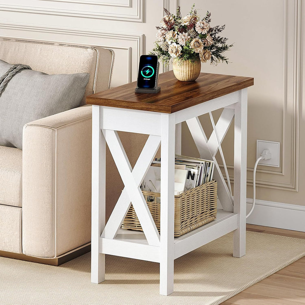 HOOBRO End Table with Charging Station, Farmhouse Narrow Side Table, 2-Tier with Storage Shelves, Slim Nightstand for Small Spaces, Living Room, Bedroom, White and Walnut WH360UBZ01