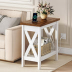 HOOBRO End Table with Charging Station, Farmhouse Narrow Side Table, 2-Tier with Storage Shelves, Slim Nightstand for Small Spaces, Living Room, Bedroom, White and Walnut WH360UBZ01