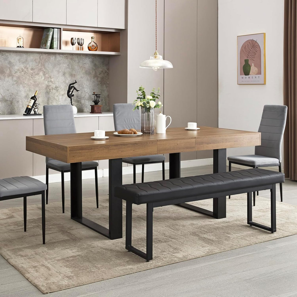 STHOUYN 63”-79” Extendable Dining Room Table, Modern Farmhouse Wooden Kitchen Table, Long Expandable Dining Table for 6 8 10, Large Expanding Tables Conference Tables (Walnut Brown)