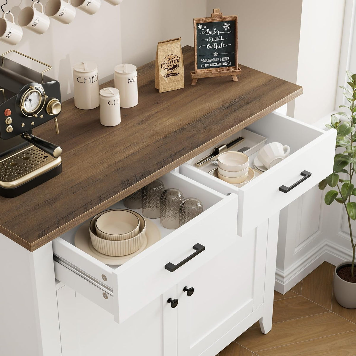 HORSTORS Farmhouse Kitchen Storage Cabinet, Small Buffet, Coffee Bar, White | Buffet Sideboard with 2 Drawers & 2 Doors, 35.8"W Coffee Table, Sapce-saving Kitchen Cabinet for Dining Living Room, Entryway