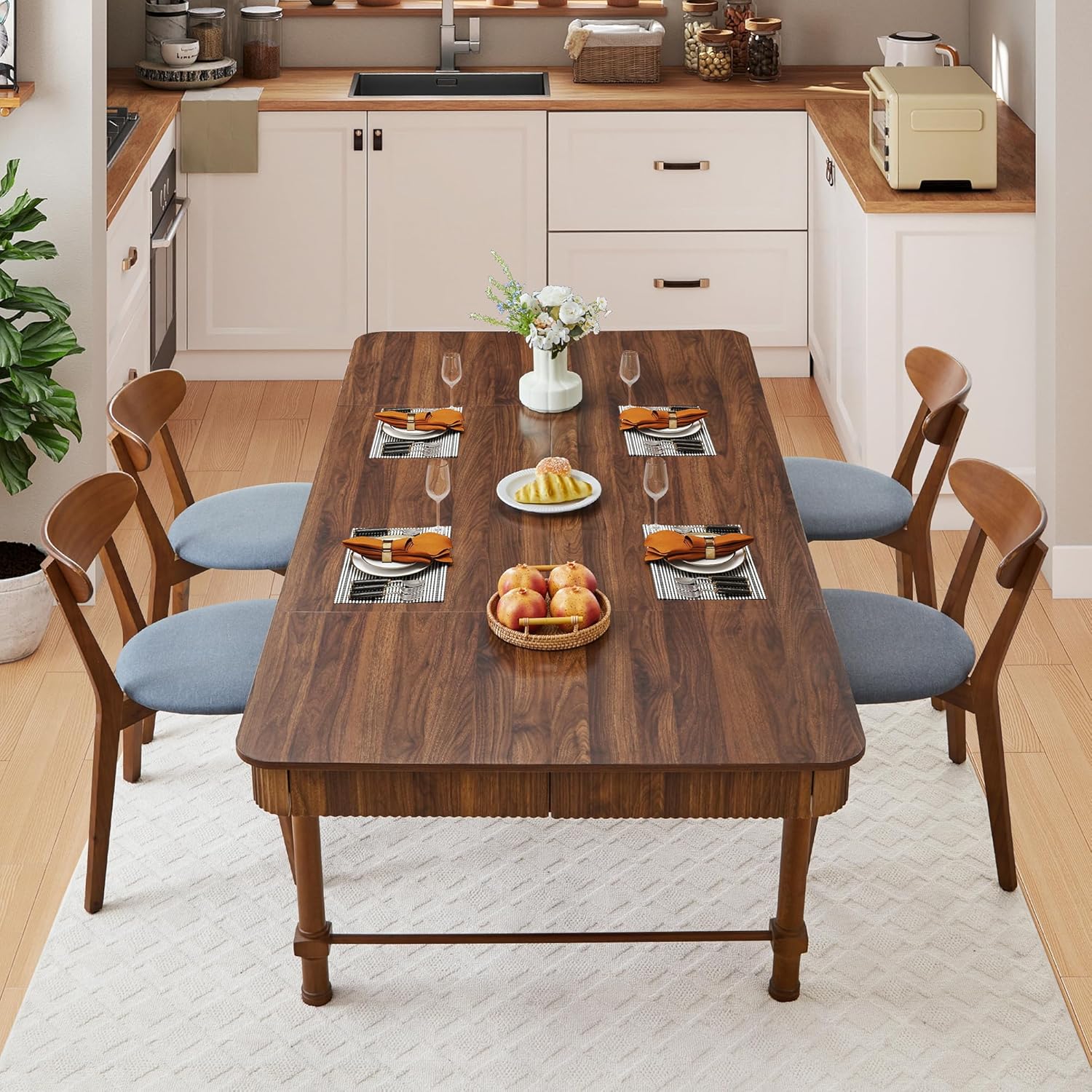 Fluted Dining Table for 6 to 10 People, 79'' Long Rustic Dinner Table with Drawers, Farmhouse Rectangular Wooden Tables for Kitchen, Dining Room, Living Room (Walnut)