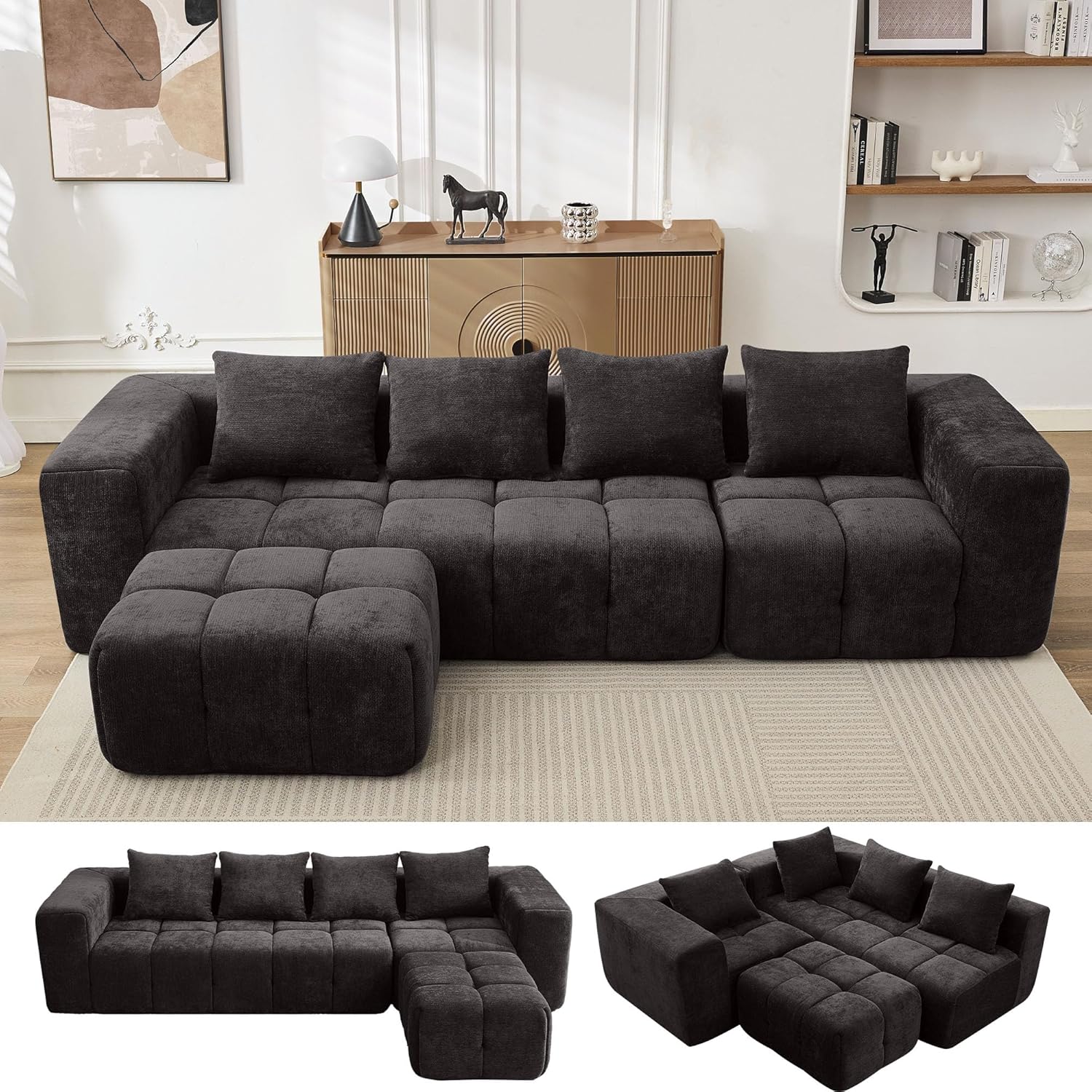119" Couch, Cloud Sectional Couch with Deep Seat, High-Density Memory Foam and Chaise, Sectional L Shaped Sofa, Couches for Living Room, No Assembly Required Tufted Sofa, Dark Grey