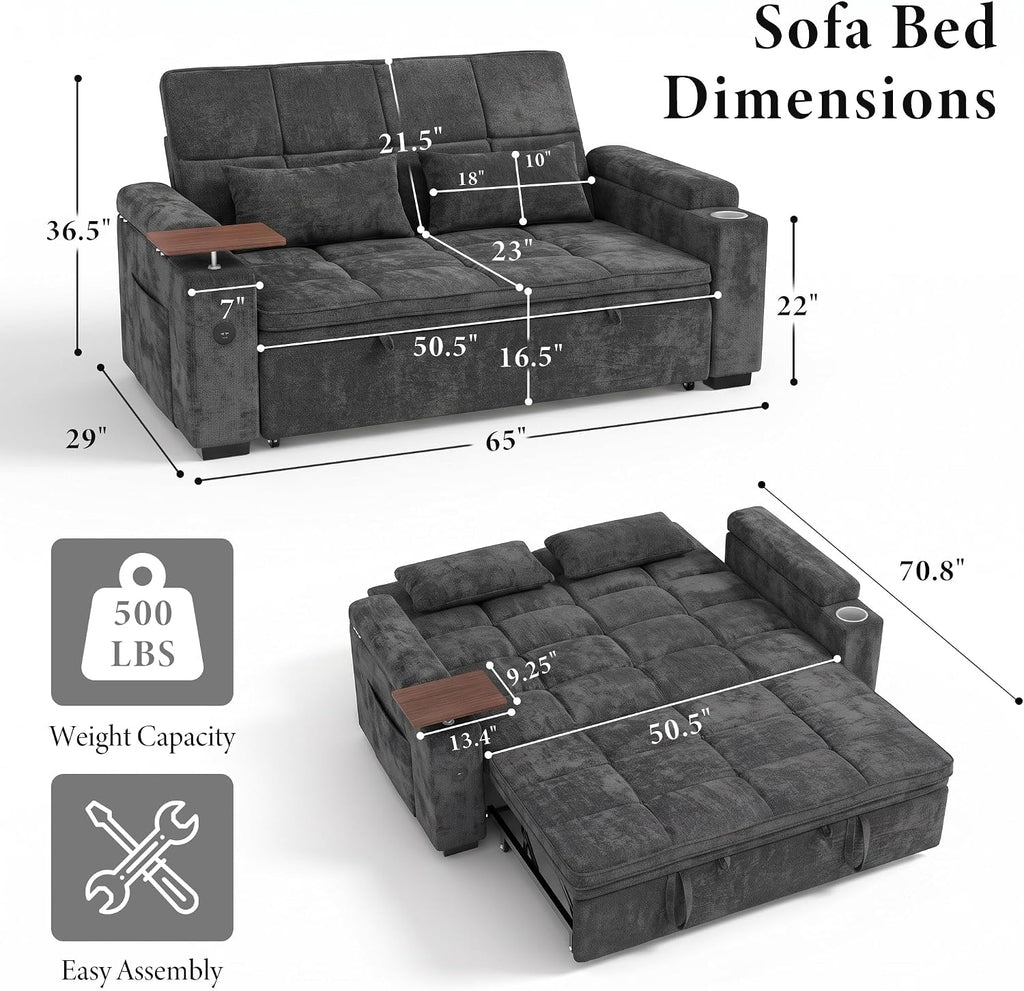 Dreamzie 65'' Convertible Sleeper Sofa Bed with Swivel Side Table, Chenille Pull Out Couch for Living Room, Loveseat Sleeper Couch with Hidden Storage Space | Charging Port | Cup Holders, Grey