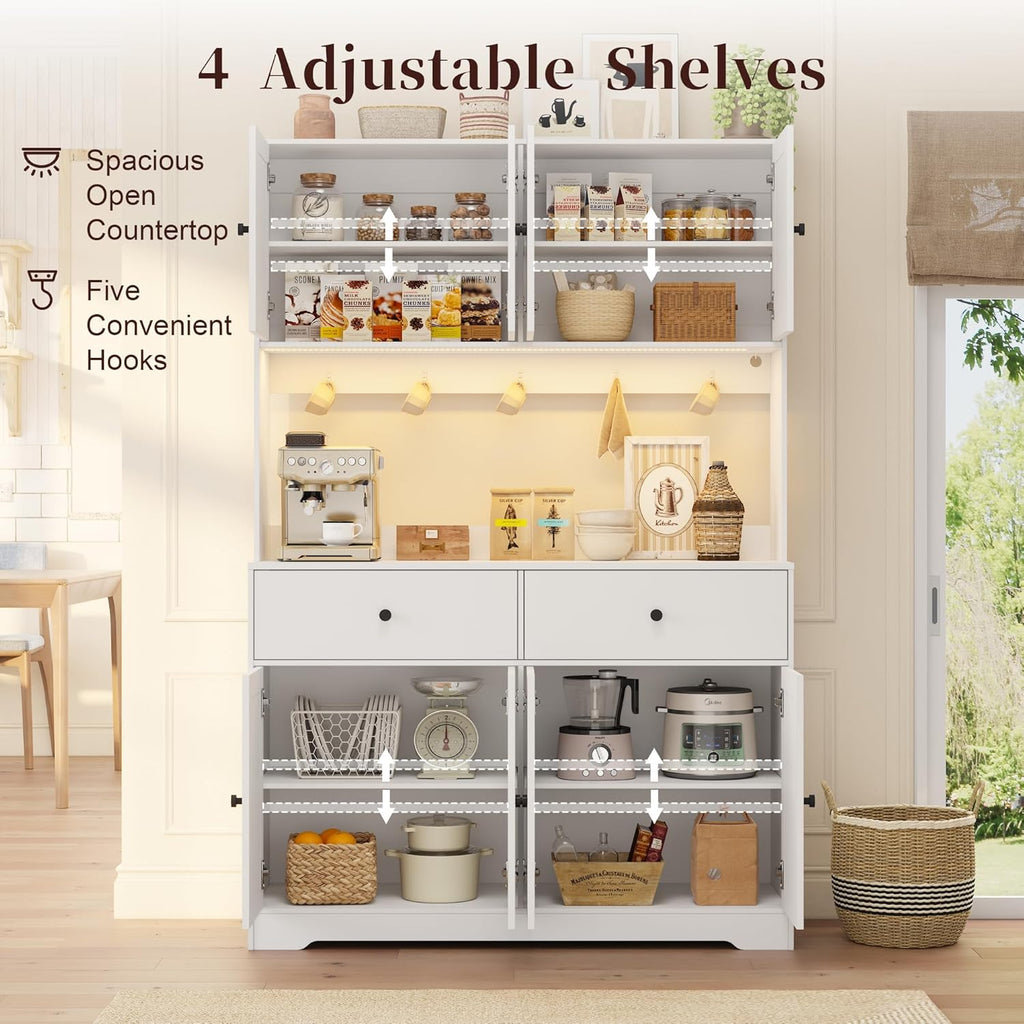 71" Kitchen Pantry Cabinet with Charging Station, Pantry Storage Cabinet Farmhouse Kitchen Hutch with Microwave Stand, Coffee Bar Station with Doors and Adjustable Shelves for Kitchen, White