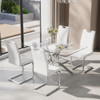 5-Piece Dining Table Set for 4, Modern Rectangular Glass Table with 4 Upholstered Leather Chairs, Space-Saving Dining Room Furniture Table & Chair Sets for Small Spaces&Apartment(White&Silver)
