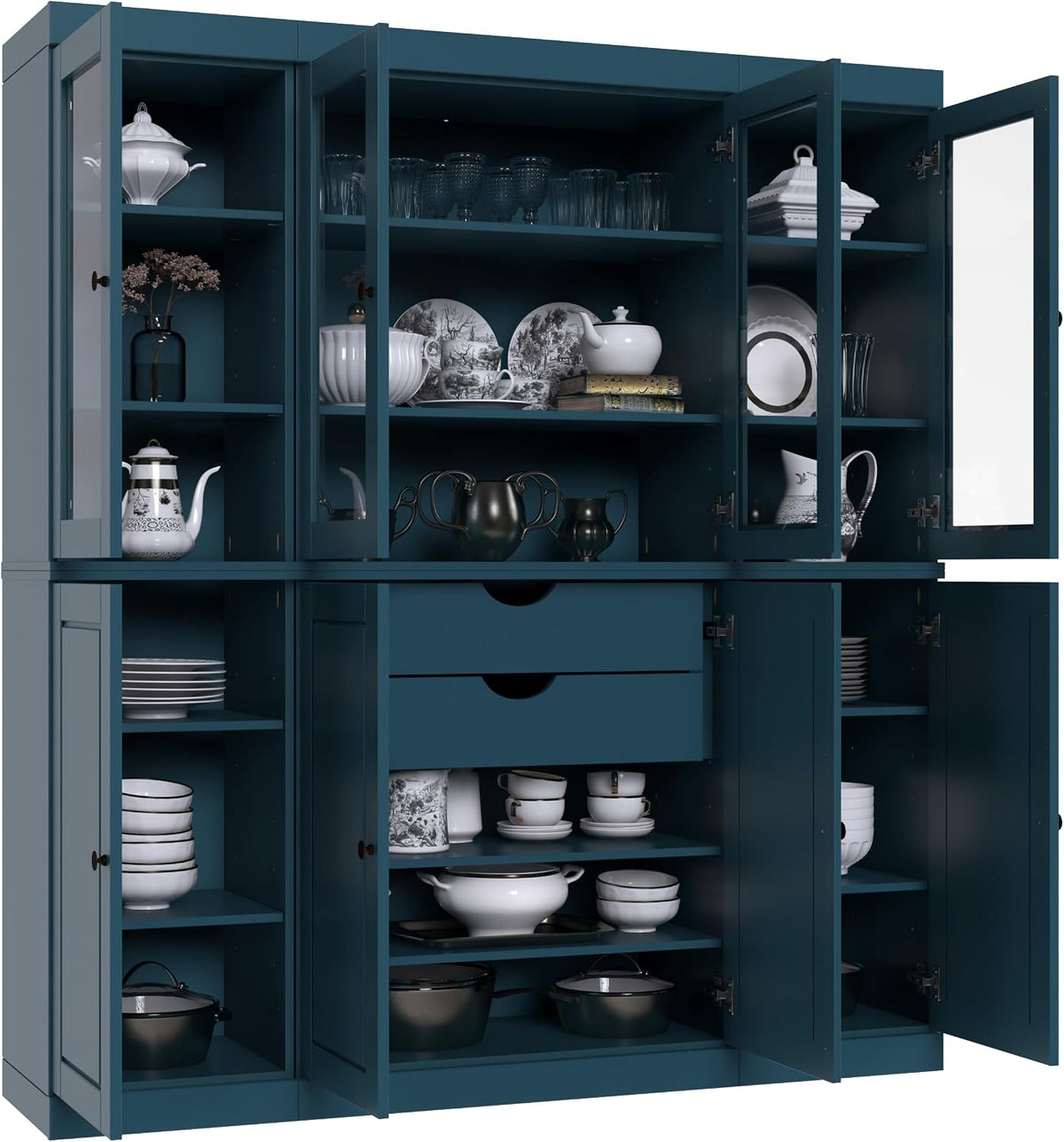 Palace Imports 100% Solid Wood Kitchen Pantry with 2-Drawer Kit, Teal Blue, 65" w x 71.5" h x 15.5" d, Renewable Eco-Friendly Wood, Made in Brazil