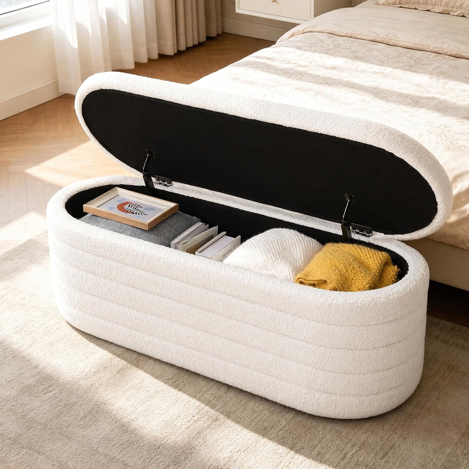 Ottoman with Storage 45.5" Storage Ottoman Bench White | Teddy Upholstered Entryway Bench Hidden Storage, No Assembly, Cozy, for Living Room, Bedroom, Apartment