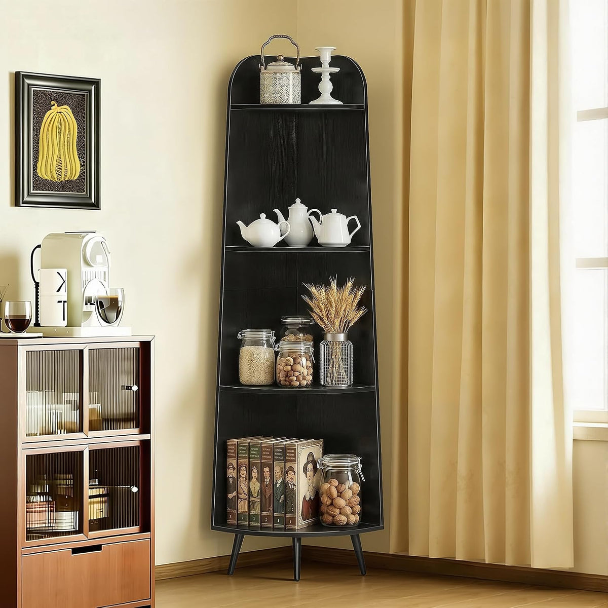 VECELO Large Corner Shelf - 66.93" Tall 4-Tier Organizer, Modern Corner Bookshelf for Display & Storage, Home Decor for Living Room, Bedroom, Black