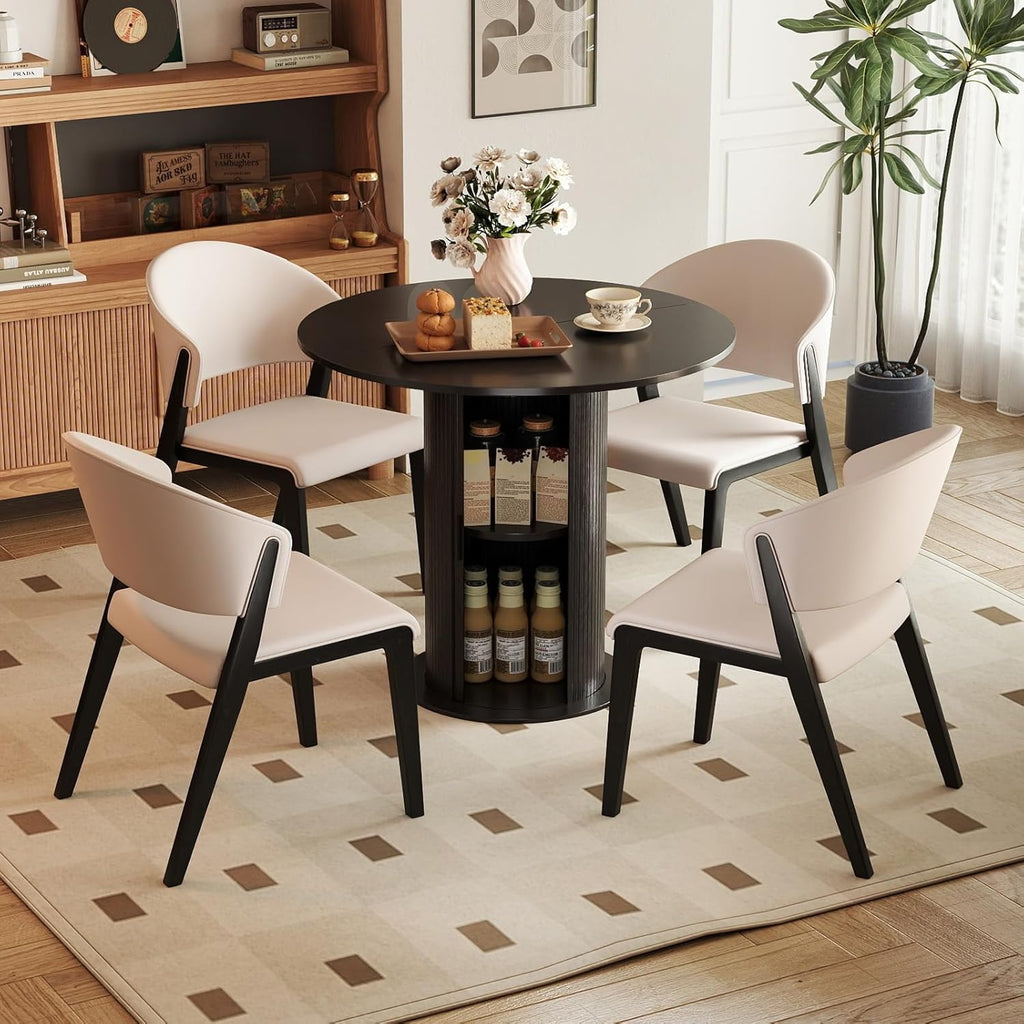 Round Dining Table with Storage,31.5" Modern Storage Kitchen Table for 2-4 People with Curved Sliding Door Fluted Wood Thickened Tabletop for Dining Room/Kitchen/Living Room,Black
