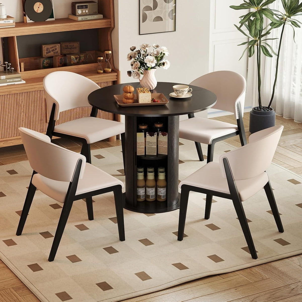 Round Dining Table with Storage,31.5" Modern Storage Kitchen Table for 2-4 People with Curved Sliding Door Fluted Wood Thickened Tabletop for Dining Room/Kitchen/Living Room,Black