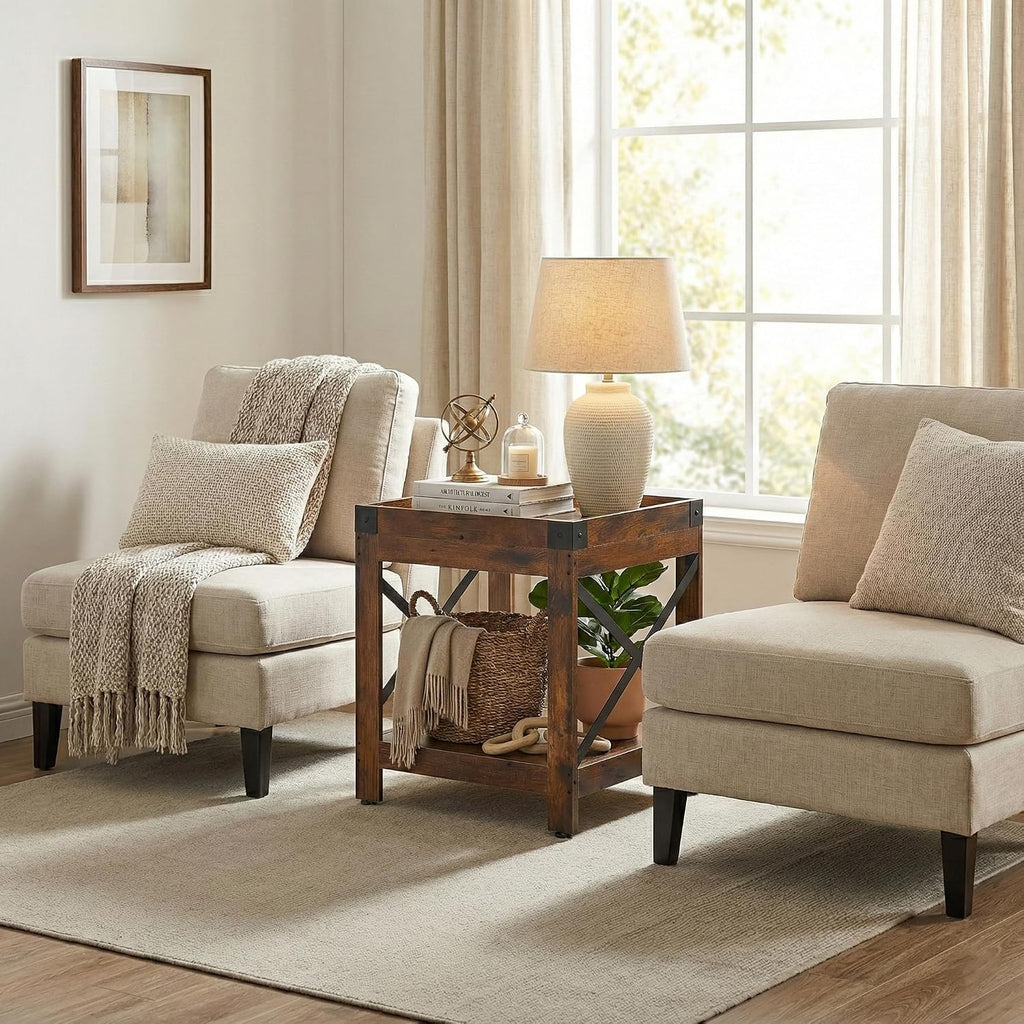Farmhouse Square Side Table with Open Storage Shelves, Large End Table Modern Sofa Table with X-Metal Frame,Industrial Nightstand Coffee Table for Living Room Bedroom Office Small Spaces, Rustic Brown