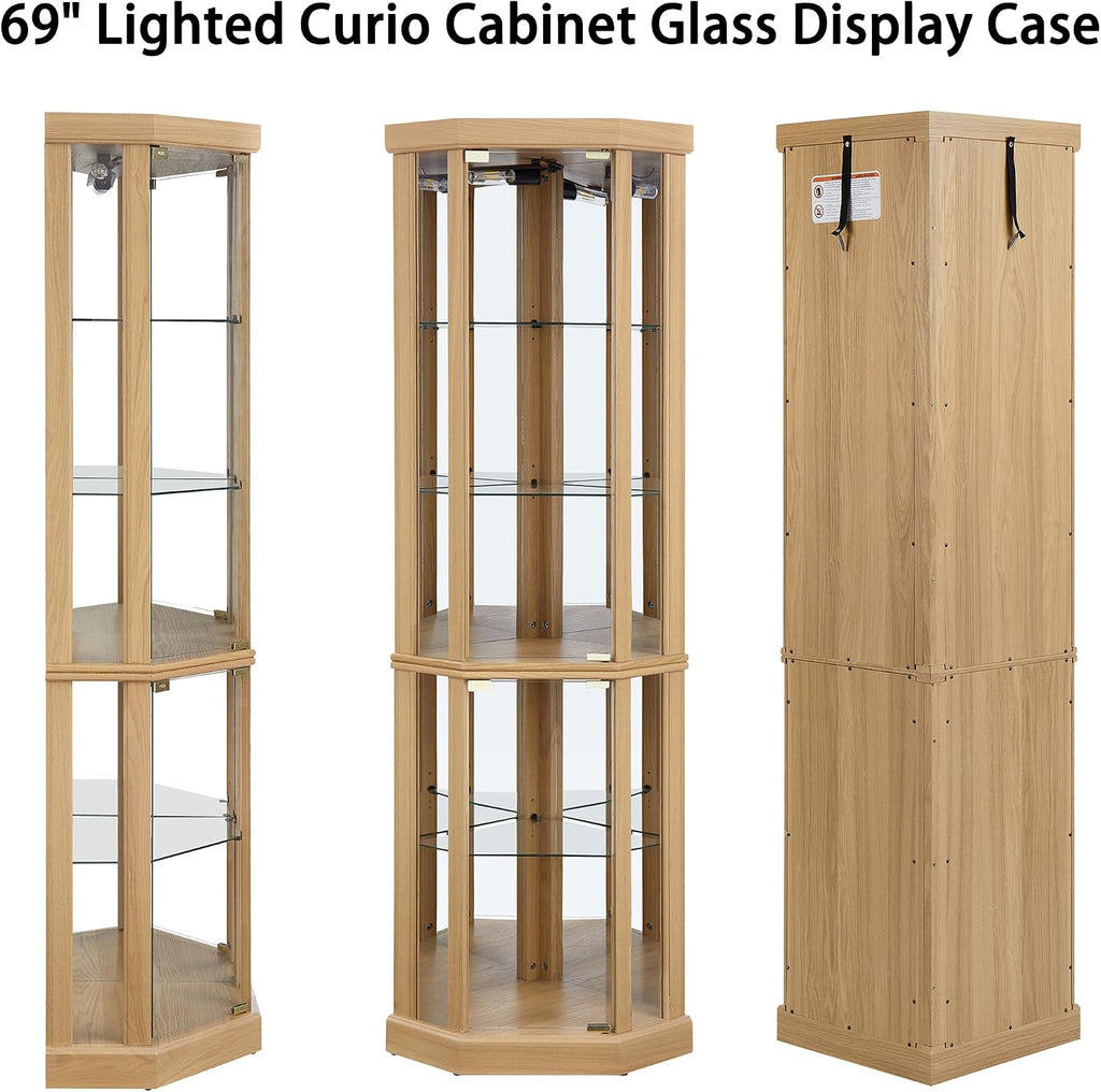 69" H Lighted Corner Display Cabinet, Curio Corner Glass Cabinet w/Adjustable Shelves & Glass Door, 5-Tier Wooden Storage Display Case w/Mirrored Back Pane for Living Room(Light Oak)