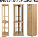 69" H Lighted Corner Display Cabinet, Curio Corner Glass Cabinet w/Adjustable Shelves & Glass Door, 5-Tier Wooden Storage Display Case w/Mirrored Back Pane for Living Room(Light Oak)