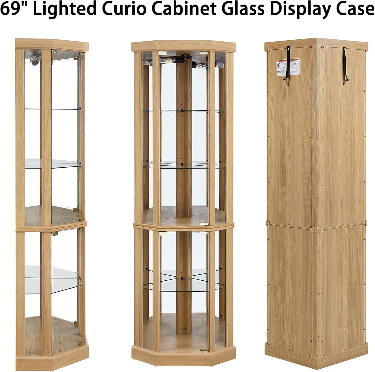 69" H Lighted Corner Display Cabinet, Curio Corner Glass Cabinet w/Adjustable Shelves & Glass Door, 5-Tier Wooden Storage Display Case w/Mirrored Back Pane for Living Room(Light Oak)