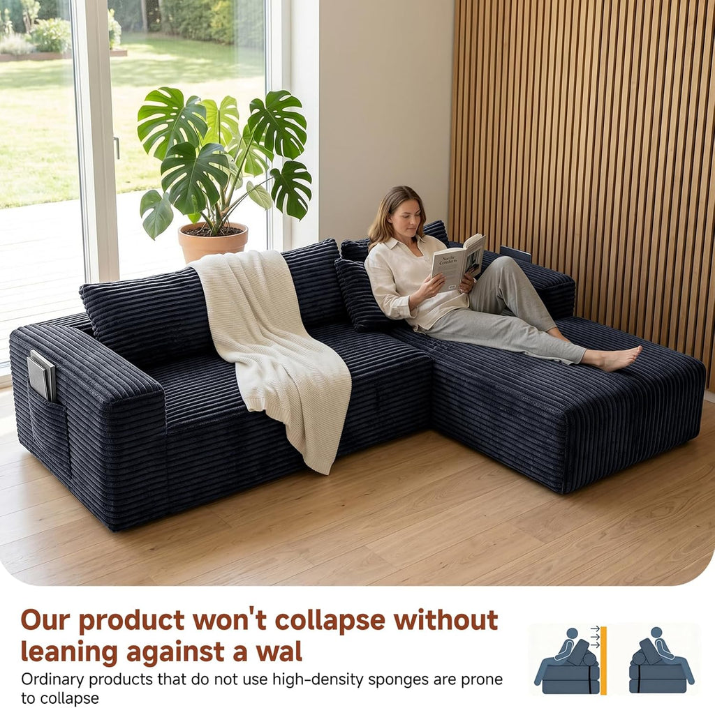 Couch ≈105" L-Shaped Sofa, Modular Sofa in Living Room Comfy Corduroy Fluffy Couch with Deep Seat and Side Pockets, Flexible Module Combination for Living Room (Black, 105IN)