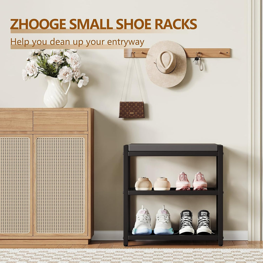 ZHOOGE Small Shoe Bench Shoe Rack Storage Bench Entryway Bench Shoe Shelf with Seat Cushion, Stable Shoe Organizer for Entryway, Living Room, Bench Seat Holds Up to 300 lb, (17"x 10"x 16", L x W x H)